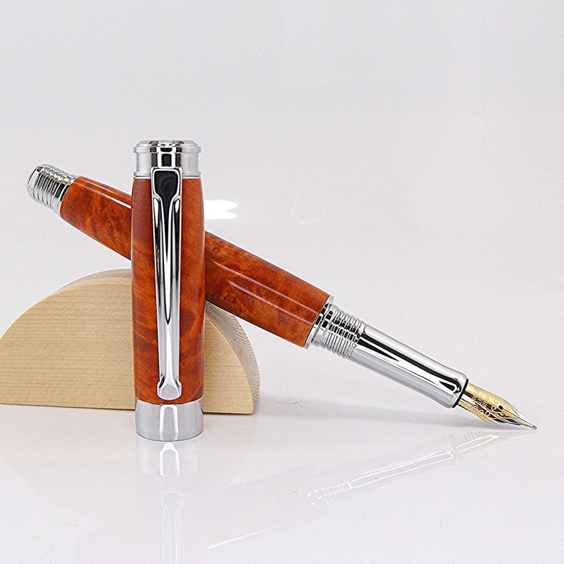 Fountain Pen: Handmade in Maple Burl/Burr Wood tinted Orange with Chrome Components afbeelding 1