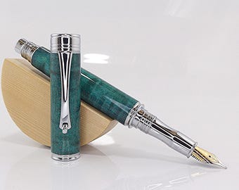 Handmade Fountain Pen: Teal Broad Leaf Curly Maple Wood with Chrome
