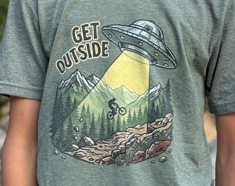 Adult & Youth "Get Outside" UFO Mountain Biking Shirt and Hoodie Alien Abduction MTB