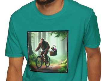 Sasquatch Mountain Biking with a baby Alien T-Shirt, Bigfoot MTB Tee, Outdoor Adventure Shirt, Hiking Nature Lover Gift