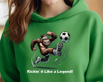 Youth Unisex Sasquatch Soccer Hoodie, "Kickin' it like a Legend!" Bigfoot Sporty Sweatshirt, Soccer Lover Gift