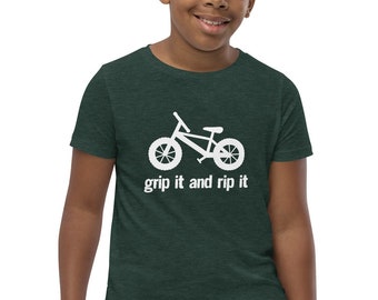 Youth Kids Bike Shirt “Grip It and Rip It” BMX Fat Tire Fun Bicycle Tee for Kids & Youth Unisex Girls and Boys