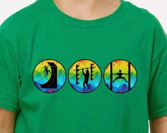Ninja Warrior "Obstacles" Adult and Youth Shirt and Hoodie Featuring Warped Wall, Salmon Ladder & Jumping Spider