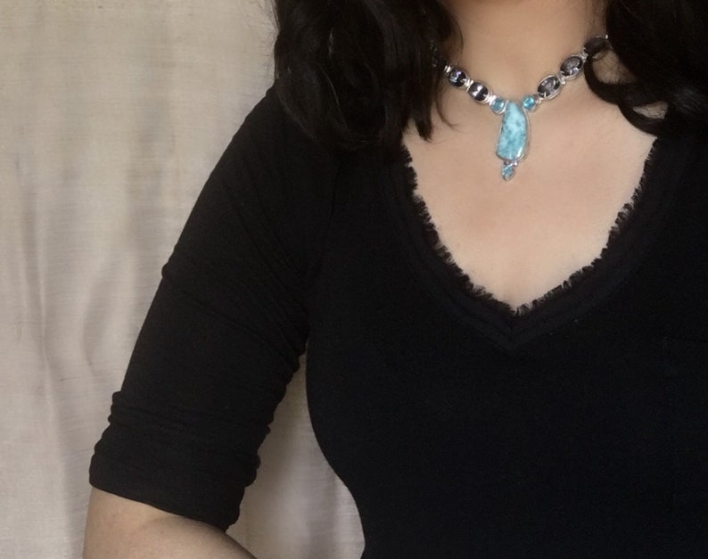 Sterling 925 Silver Authentic Larimar Blue Mystic Topaz Necklace.