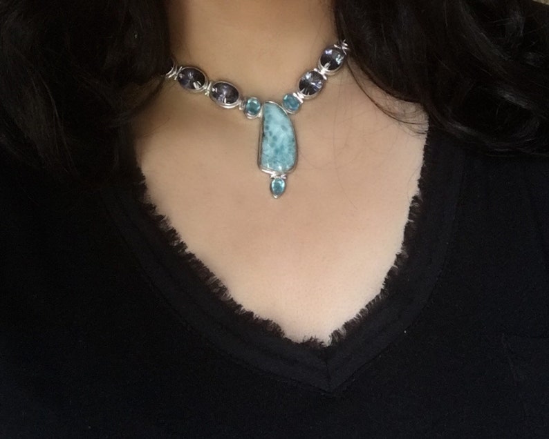 Sterling 925 Silver Authentic Larimar Blue Mystic Topaz Necklace.