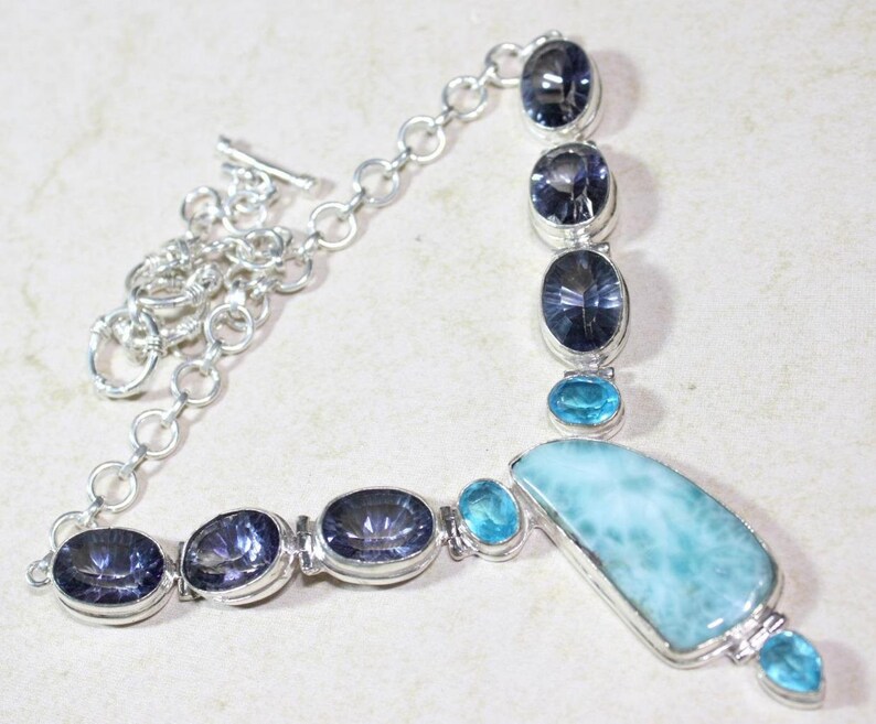 Sterling 925 Silver Authentic Larimar Blue Mystic Topaz Necklace.