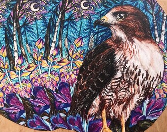 Red Tailed Hawk Print: Woodland Bioluminescent Forest, Oval Art