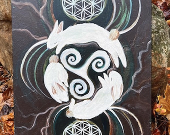 Canvas Wall Art Bunnies, Sacred Geometry and Cycle of Life, Triskele Original 16" x 20" Acrylic Painting / Magical Whimsical Animal Wall Art