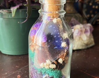 Crystal Terrarium Bottle: Altar Decor with Moth Wing