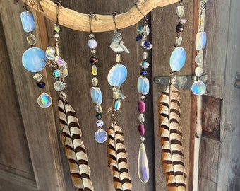 Crystal Gemstone Suncatcher Wall Hanging / Opalite Crystals, Glass Beads, and Feather Sun Catcher / Oddities & Curiosities Home Decor