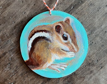 Wooden Ornament / Handpainted Chipmunk Woodland Ornament / Botanical Art Decor