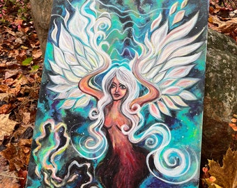 Rising Phoenix Canvas Wall art / original 16” x 20” canvas painting / Galaxy Nebula Goddess Wall Hanging / Gifts for Her