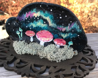 Whimsical Handpainted Mushroom / Galaxy Nebula Collaged Foraged Shelf Mushroom