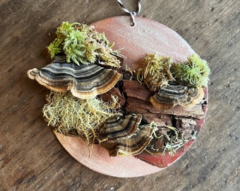 Wooden Moss and Turkey Tail Ornament / Unique Gifts / Cottagecore Home Decor / Tree Ornaments