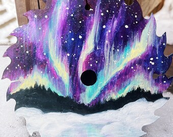 Aurora Borealis, Winter Landscape 8” x 8” Sawblade Painting / Winter Wonderland Wall Art / Galaxy Art