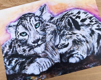 Snow Leopards 12” x 16” Fine Art Print / Whimsical Poster Animal Portrait Wall Art