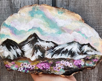 Handpainted Shelf Mushroom Art / Winter Tundra Landscape Painting