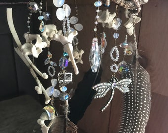 Real Bone and Crystal Suncatcher with Glass Beads and Feathers / Vine Wreath Suncatcher, Oddity & Curiosity Decor