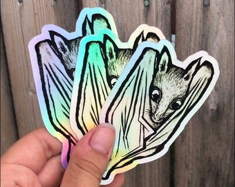 Holographic Vinyl Sticker, Fruit Bat Illustration / Rainbow Bat Sticker