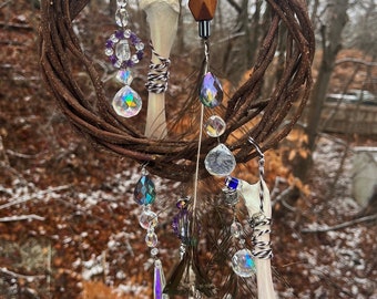 Vine Wreath Crystal Suncatcher Bone Wind Chime / Oddity and Curiosity Home Decor / Pagan Decor