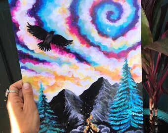 Whimsical Forest Art Print: Enchanted Campfire, Hawk, Galaxy (12” x 18 Matte)