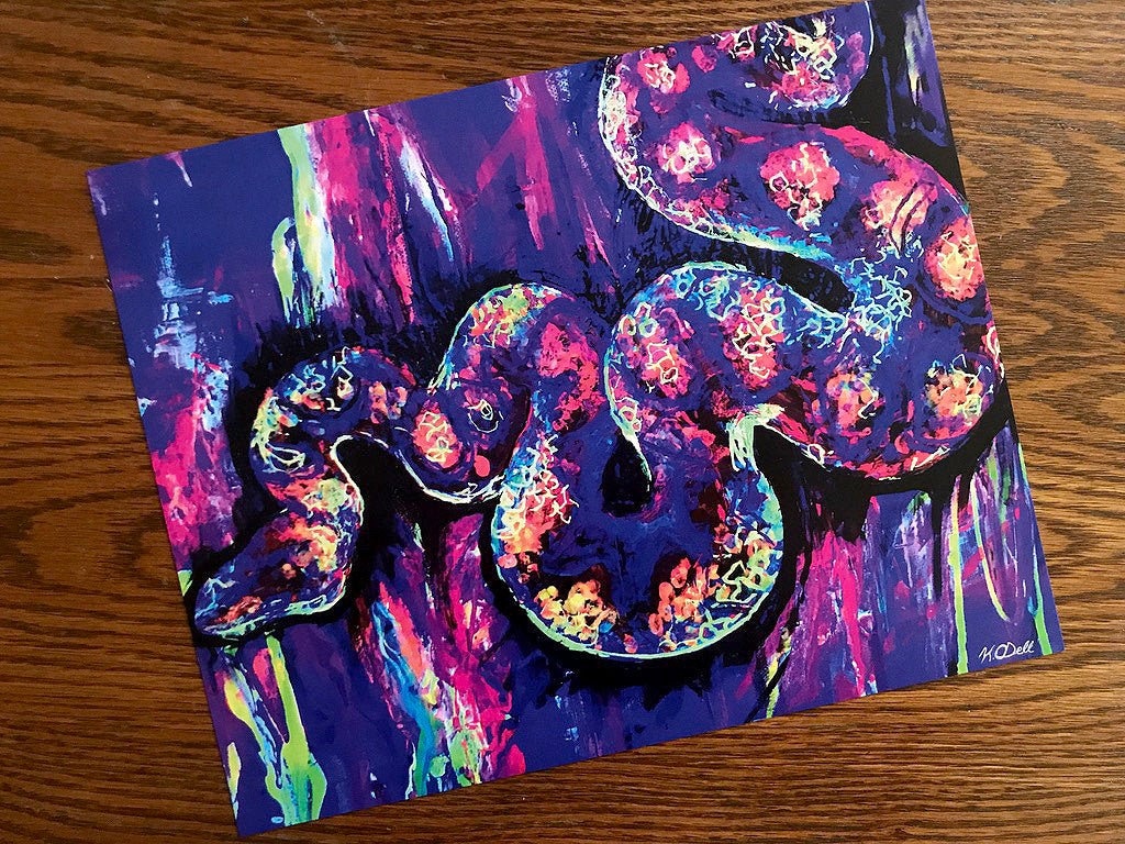 Rainbow Boa Blacklight Art Print: Neon Snake Portrait (8x10)