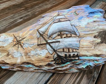 Driftwood Pyography Mixed Media Painting, Pirate Ship Nautical Ocean Art