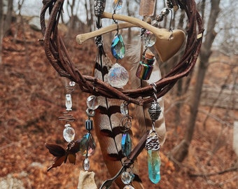 Vine Wreath Bone & Crystal Suncatcher Wind Chime / Oddity and Curiosity Home Decor / Pagan Decor / Bone Decor / Raccoon Bone Art