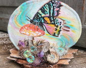 Moth Art Painting, Mushroom Mixed Media Collage Art / Whimsical Mixed Media Painting with real crystals, wood and moss