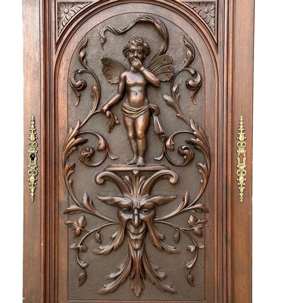 Porte de récupération en bois sculpté à la main architecturale Ange Homme Vert Fée Panneau Bas Relief