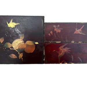 RARE Set of 3 Lacquered Wood Chinoiserie Bird Panel, French Antique Asian Decor Salvaged Furniture
