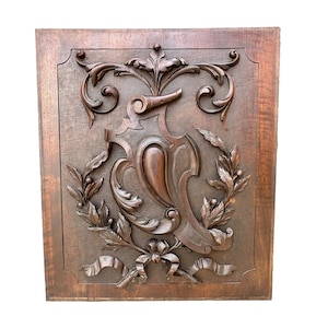Architectural Hand Carved Wood Panel Scrolls Blazon Crest Paneling