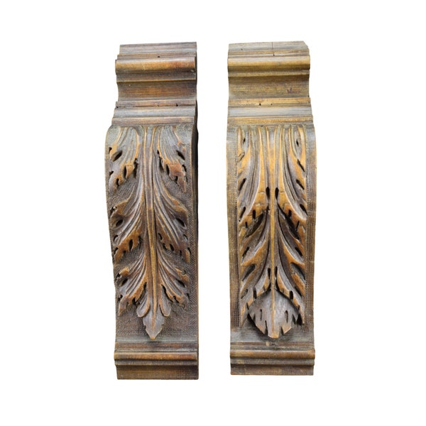 Antique Carved Wood Pair of Acanthus Corbel Pediment Applique Architectural Salvaged Wood Molding