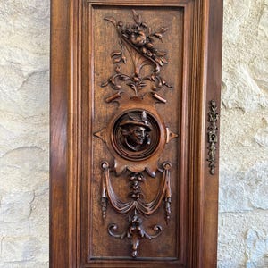 Renaissance Carved Wood Wall Sculpture, Architectural Salvaged Door with Escutcheon, Hand Carved Wood Panel Scroll, Custom Cabinet DIY