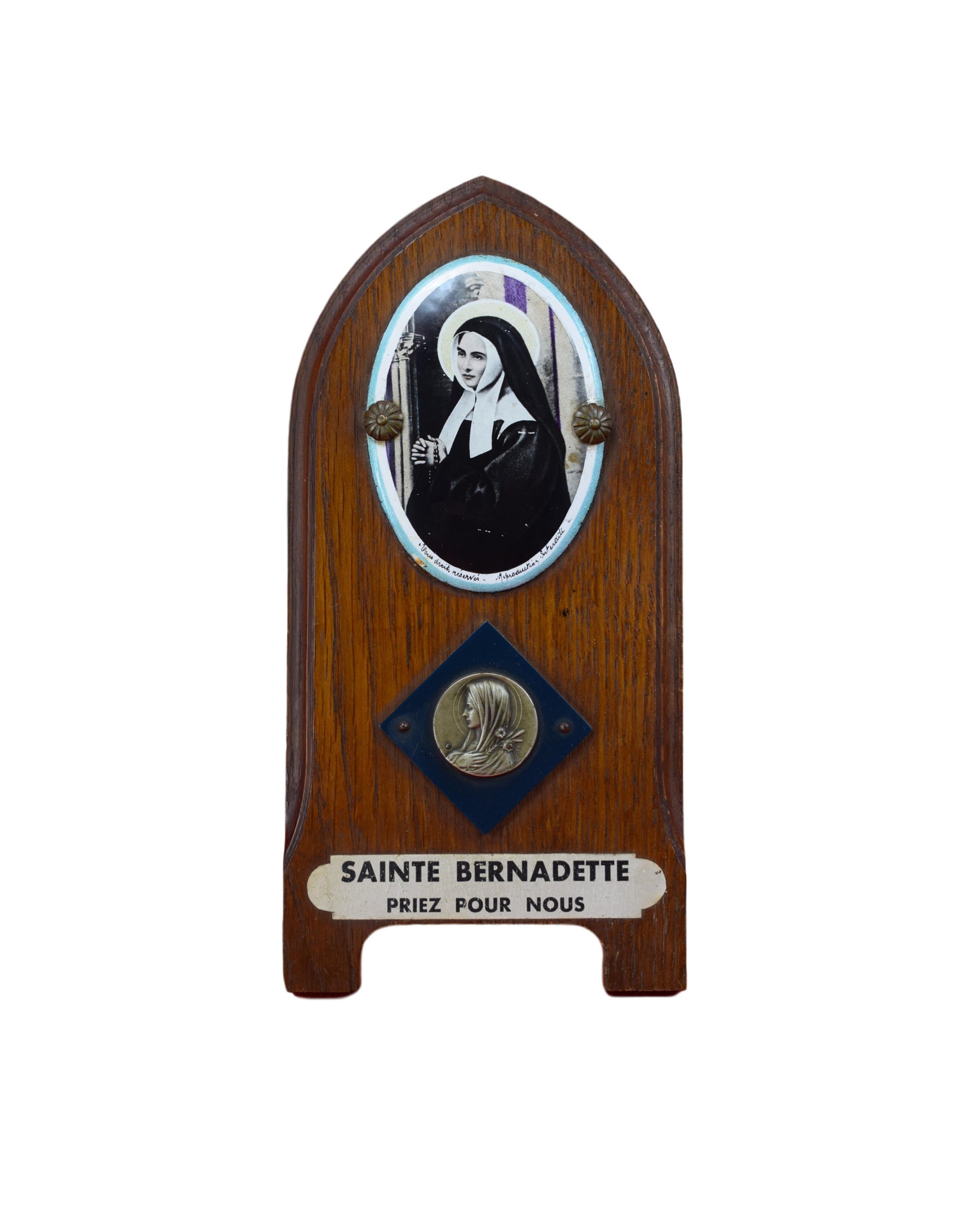 Saint Bernadette Lourdes Millésime Français Plaque Debout en Bois d'émail Religieux