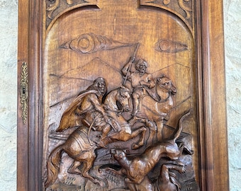 Oriental Hunting Wall Sculpture Art, Antique Wood Carving Arabian Horse Camel Cheetah Leopard Feline Hunting Safari