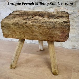 Antique Rustic French Wooden Milking Stool, Primitive Three-Leg Farmer’s Stool, Wabi Sabi Farmhouse Decor