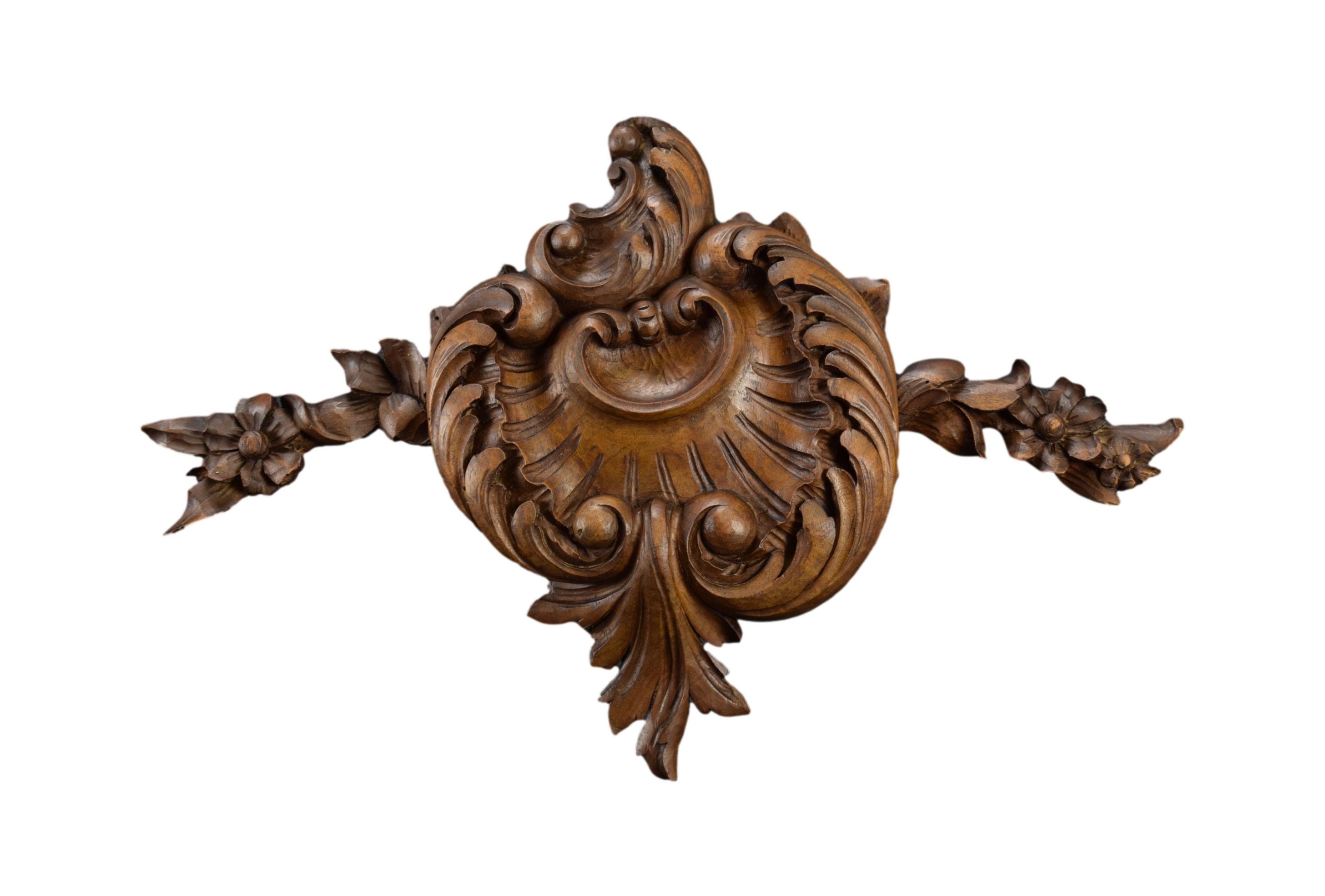 Coquille de Bois Rococo Fronton Orné Crête Corniche Antique Français Bois Sculpté à La Main