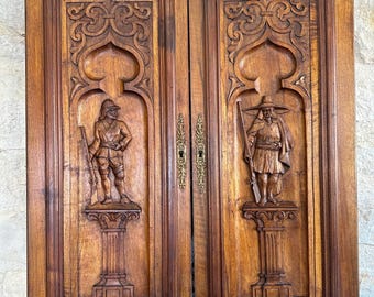 Safari Hunter Wall Sculpture Art, Antique Wood Carving Oriental Style Salvaged Door, Custom Cabinet DIY