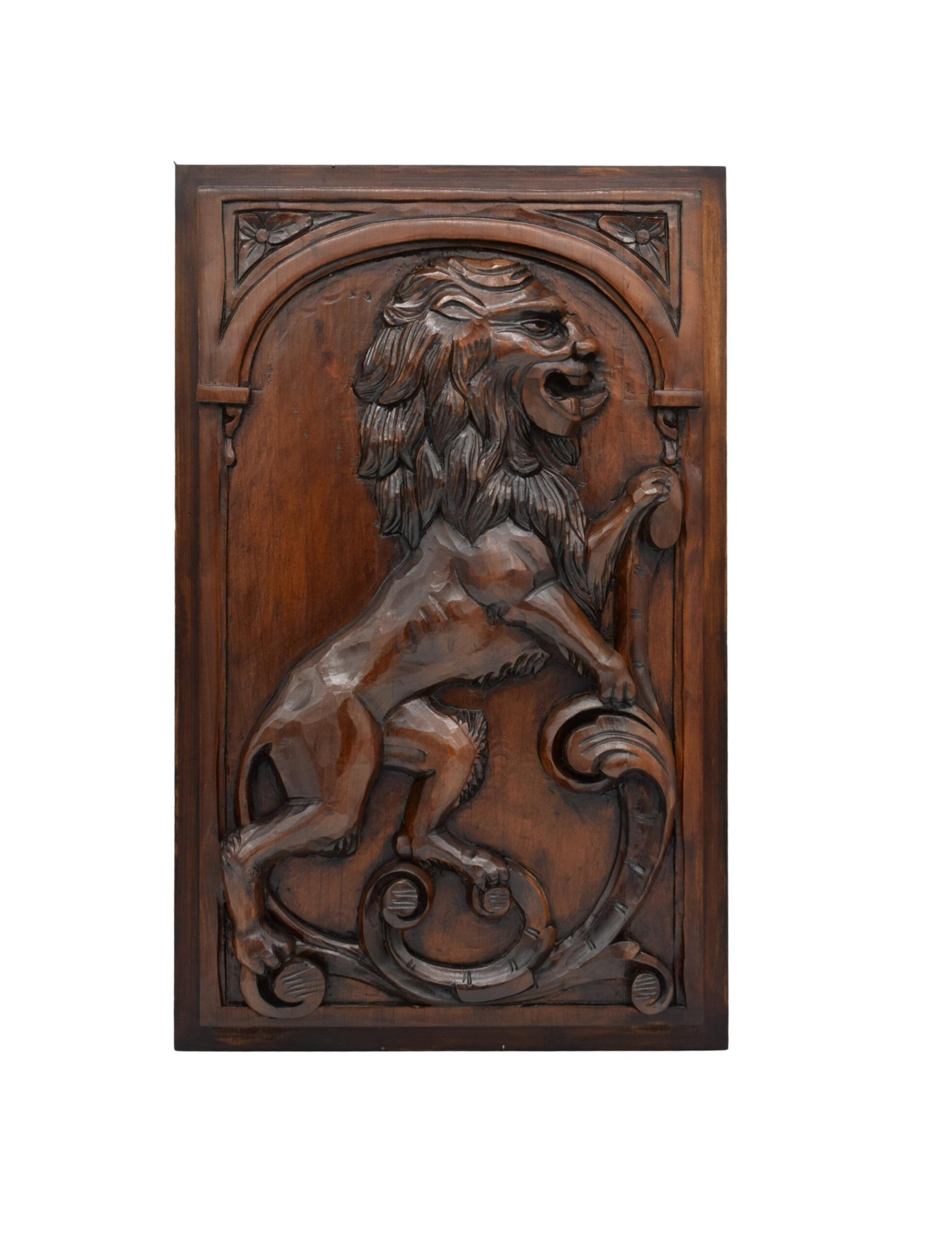 Vintage Carved Wood Lion Wall Panel Onlay