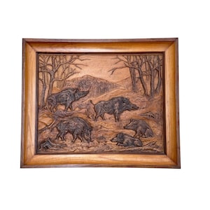 Panel de madera tallada de jabalí, escultura vintage hecha a mano de pared antigua francesa, diorama de imagen de madera de la Selva Negra, decoración de cabaña de caza