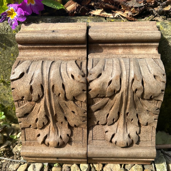 Antique Carved Wood Pair of Acanthus Corbel, Pediment Architectural Salvaged Wood Brackets, Upcycled Trim