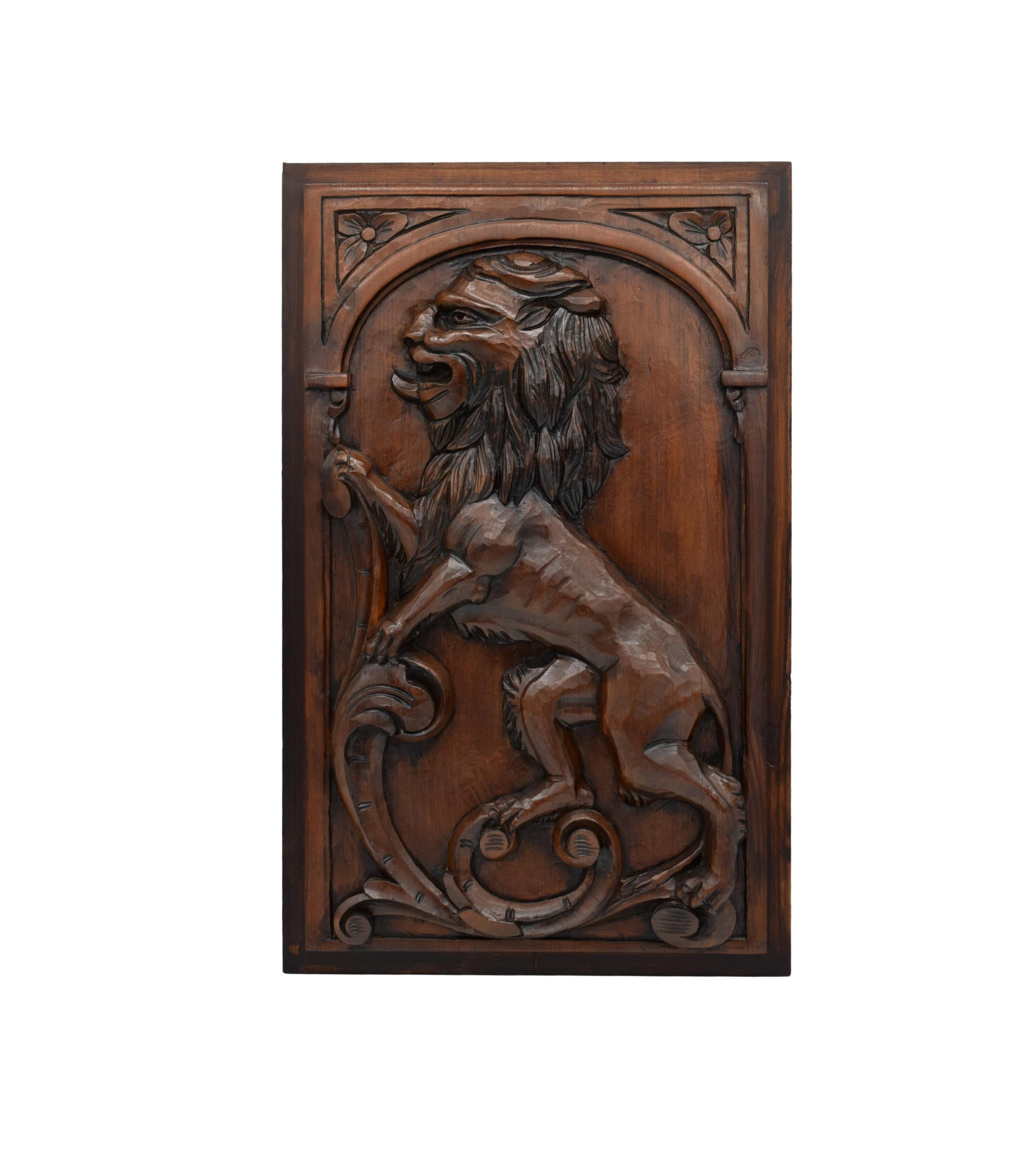 Panneau de Mur Lion en Bois Sculpté Onlay Médiéval