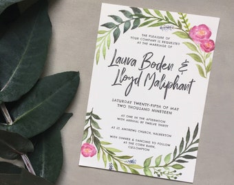 Flower Wedding Invitations, Customised Wedding Invites, Printed Personalised Wedding Invitation Set, Watercolour Floral Wedding Invitation