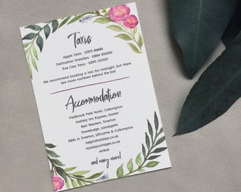 Flower Wedding Additional Information, Custom Accommodation Card, Printed Personalised Wedding Invitation Set, Watercolor Floral Invitation