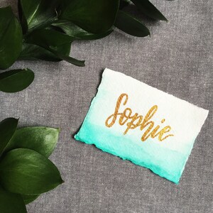 Teal Recycled Cotton Rag Wedding Place Names, Sea Green Deckled Edge Custom Wedding Place Cards, Watercolour Environmentally Friendly Names image 1