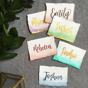 Teal Recycled Cotton Rag Wedding Place Names, Sea Green Deckled Edge Custom Wedding Place Cards, Watercolour Environmentally Friendly Names Pearl Gold