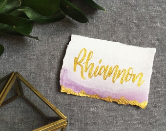 Amethyst Recycled Cotton Rag Wedding Place Names, Purple Deckled Edge Custom Wedding Place Cards, Watercolour Environmentally Friendly Names