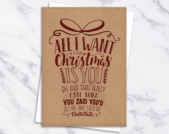 Girlfriend Christmas Card, Boyfriend Xmas Card, Funny Christmas Card, All I Want For Christmas Is You, Red Present Holiday Greetings