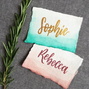Teal Recycled Cotton Rag Wedding Place Names, Sea Green Deckled Edge Custom Wedding Place Cards, Watercolour Environmentally Friendly Names image 7